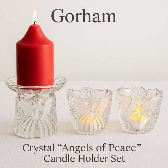 Vintage Gorham Crystal Angels of Peace Candle Holder Set - 3 pc set - 1990s - Picture 1 of 16